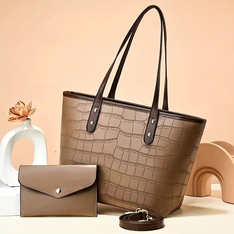 Crocodile Embossed Tote Bag Set with Clutch Purse