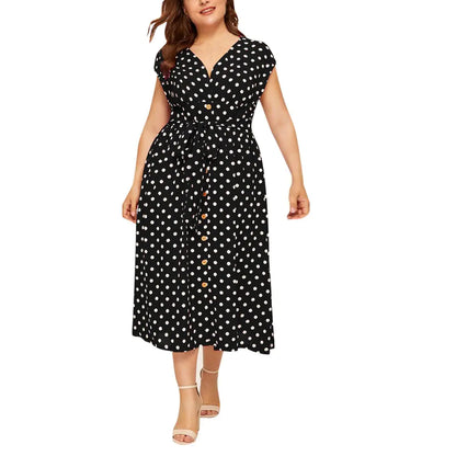 Plus Size Autumn Fashion Polka Dot V-Neck Dress L-5XL