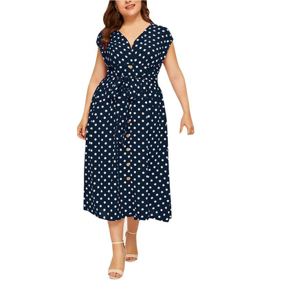 Plus Size Autumn Fashion Polka Dot V-Neck Dress L-5XL