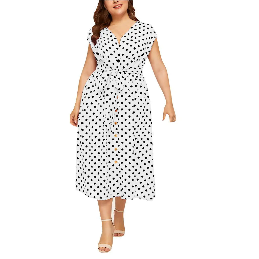 Plus Size Autumn Fashion Polka Dot V-Neck Dress L-5XL