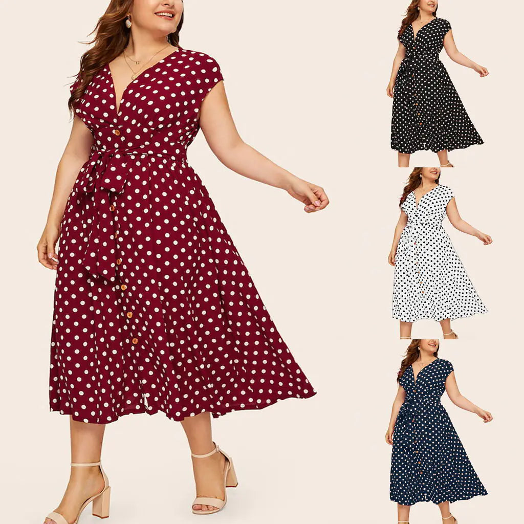 Plus Size Autumn Fashion Polka Dot V-Neck Dress L-5XL