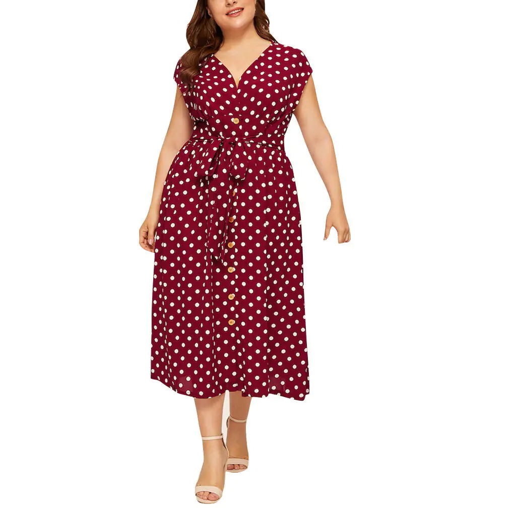 Plus Size Autumn Fashion Polka Dot V-Neck Dress L-5XL
